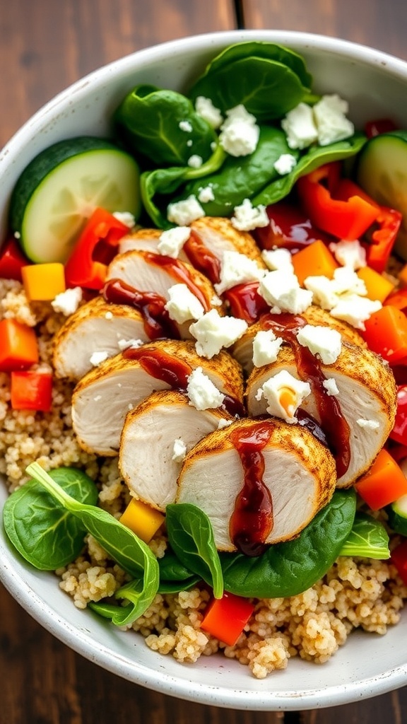 A colorful quinoa chicken veggie bowl with grilled chicken, bell peppers, cucumber, spinach, and feta cheese on a rustic table.